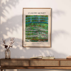 Monet Japanese Footbridge Water Lilies Giverny Garden Poster Art Print displayed in a stylish interior setting.