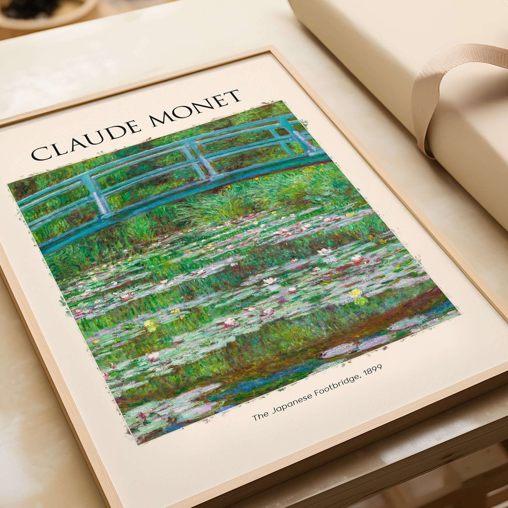 Monet Japanese Footbridge Water Lilies Giverny Garden Poster Art Print displayed in a framed artwork setting.