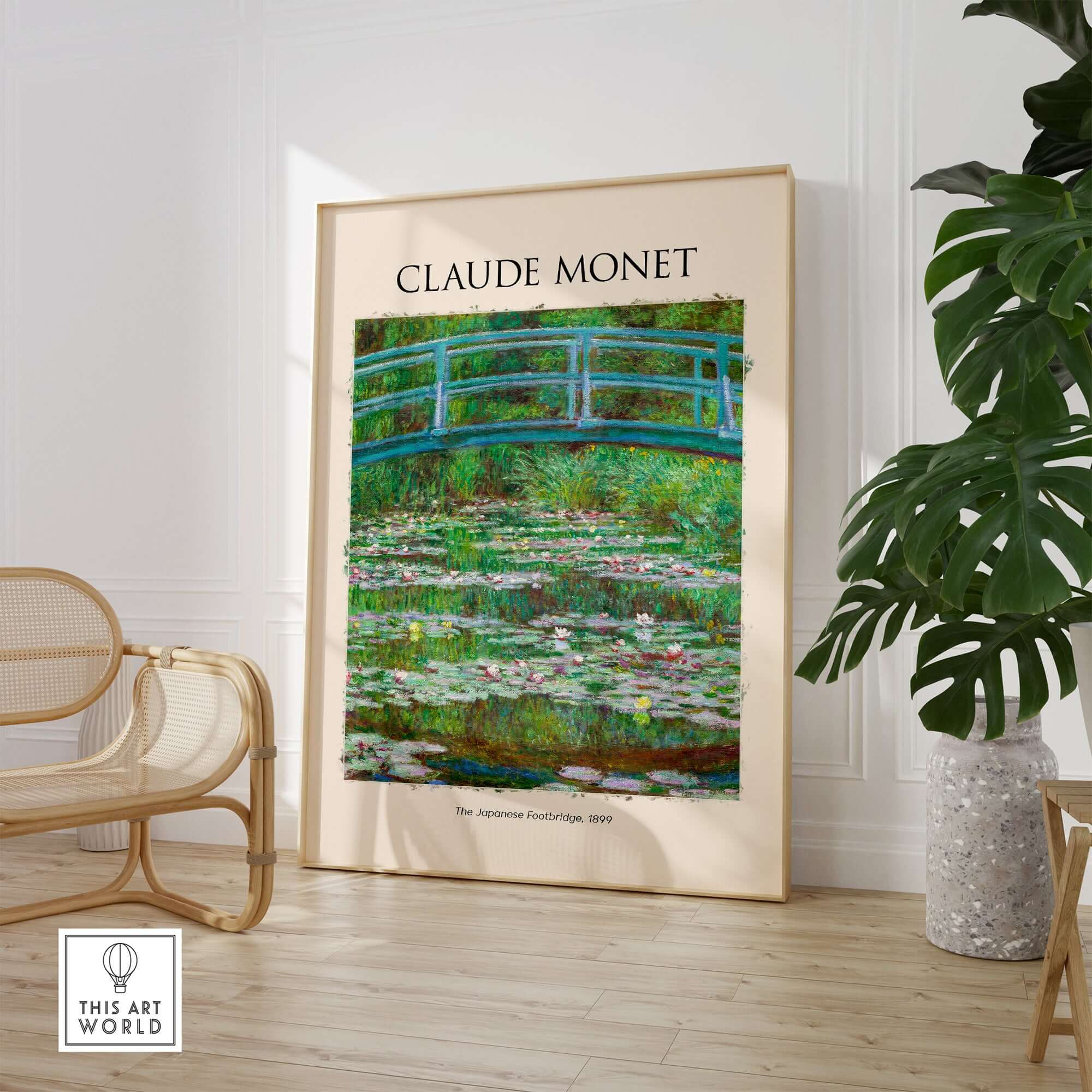 Monet Japanese Footbridge Water Lilies Giverny Garden Poster Art Print displayed in a modern living room setting.