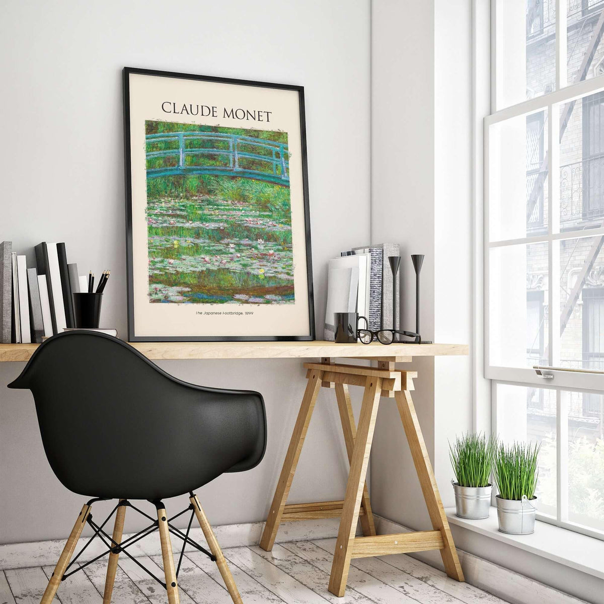 Monet Japanese Footbridge Water Lilies Giverny Garden Poster Art Print framed in a stylish modern office setting