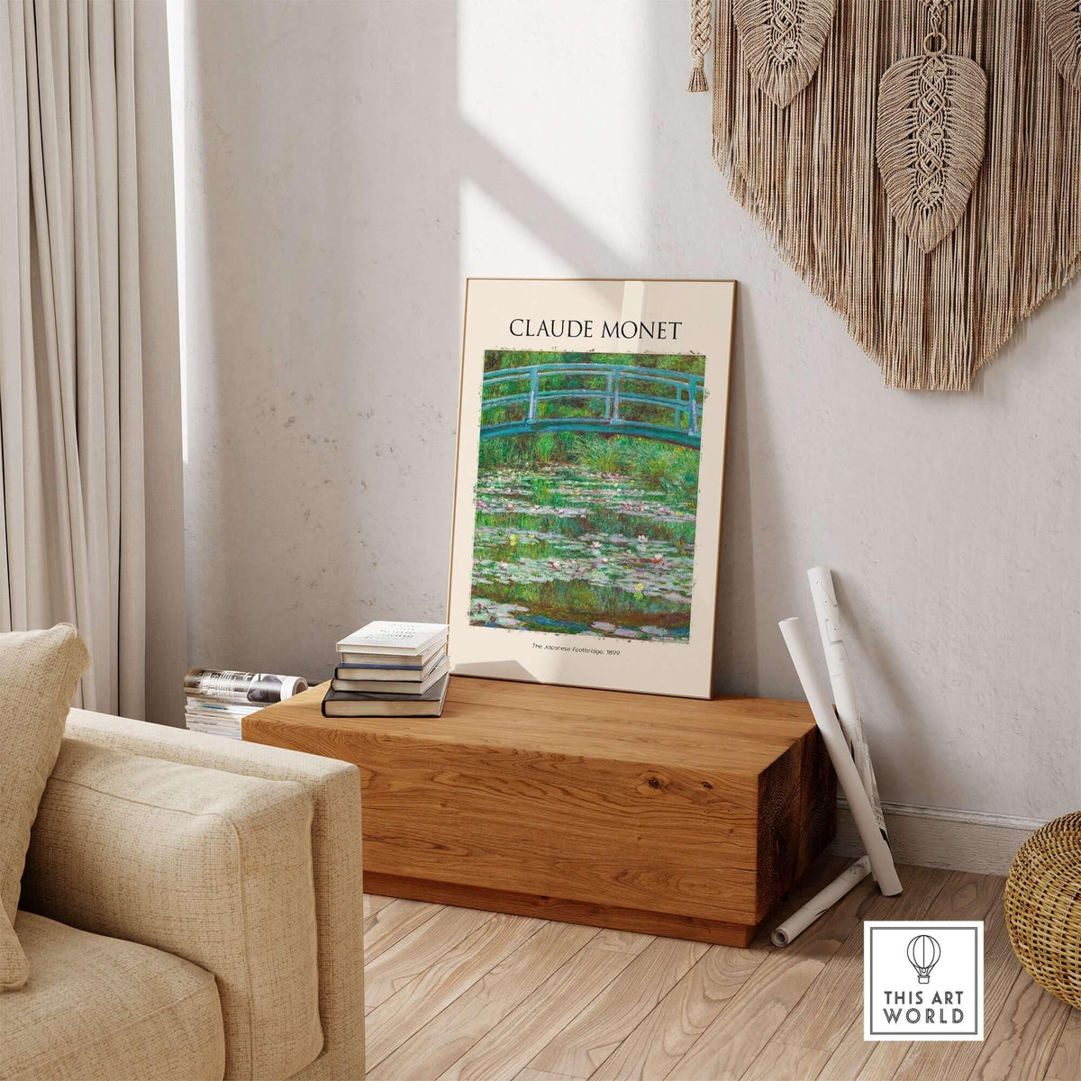 Monet Japanese Footbridge Water Lilies Giverny Garden Poster Art Print displayed in an elegant living room setting.