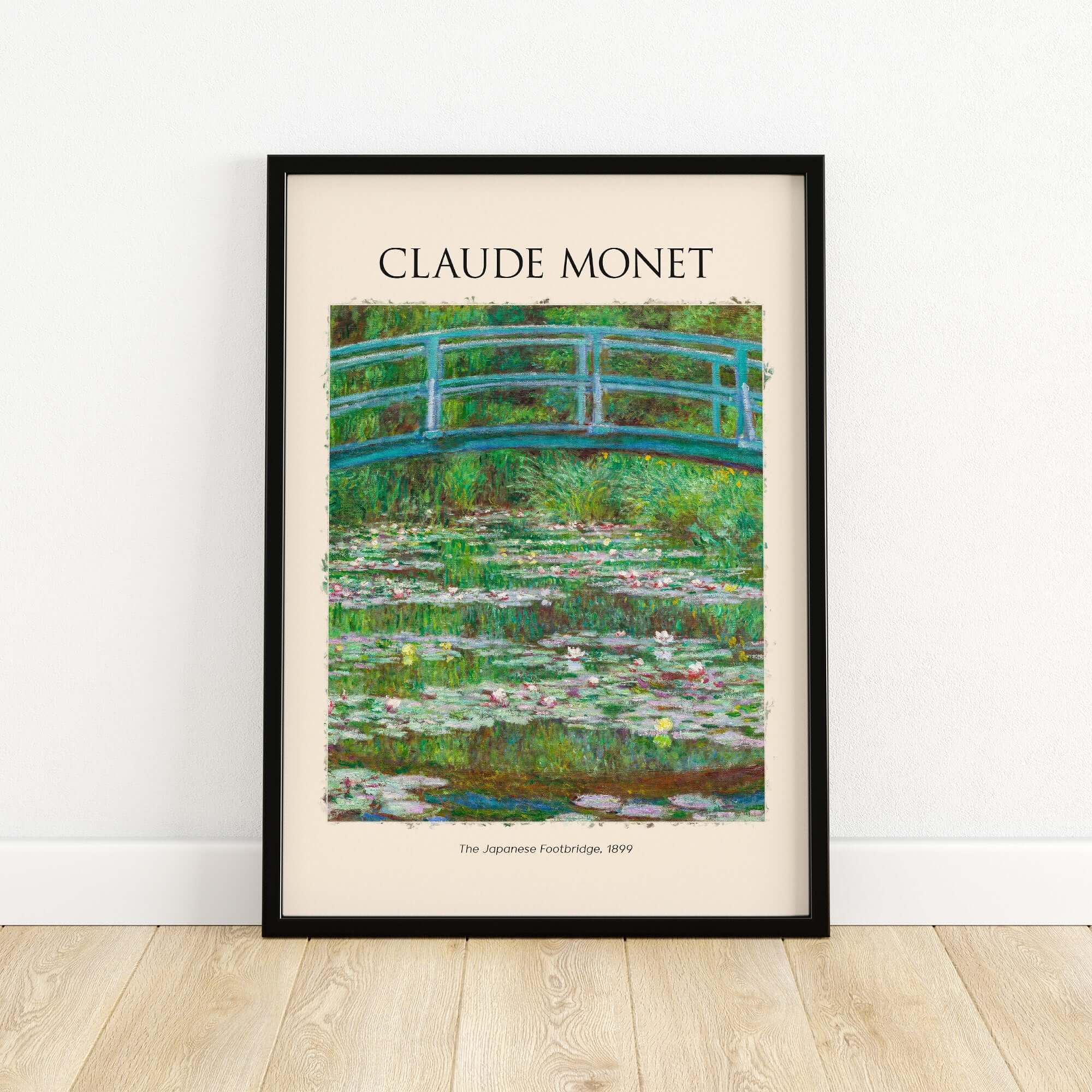 Monet Japanese Footbridge Water Lilies Giverny Garden Poster Art Print featuring a vibrant bridge over a pond.
