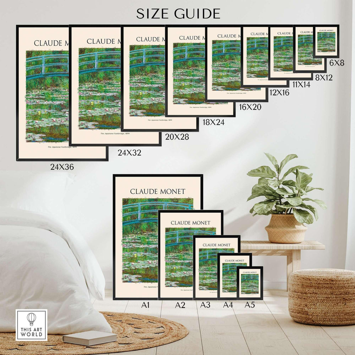 Monet Japanese Footbridge Water Lilies Giverny Garden Poster Art Print size guide with various frame options.