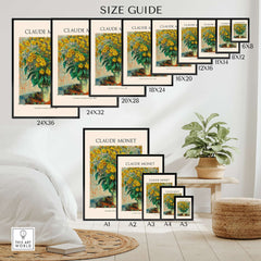Monet Jerusalem Artichoke Flowers Still Life Floral Art Print Poster size guide with various frame dimensions.