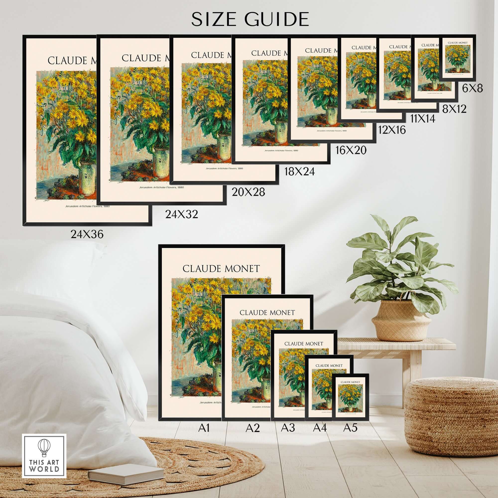 Monet Jerusalem Artichoke Flowers Still Life Floral Art Print Poster size guide with various frame dimensions.
