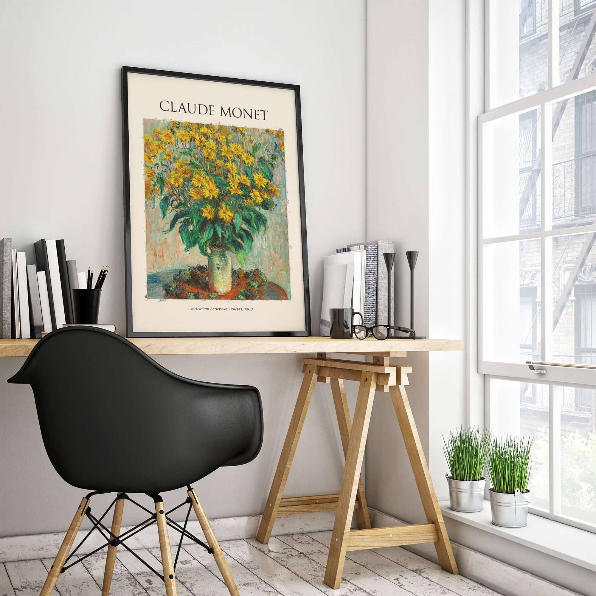Monet Jerusalem Artichoke Flowers Still Life Floral Art Print Poster displayed in a modern workspace with plants and books.