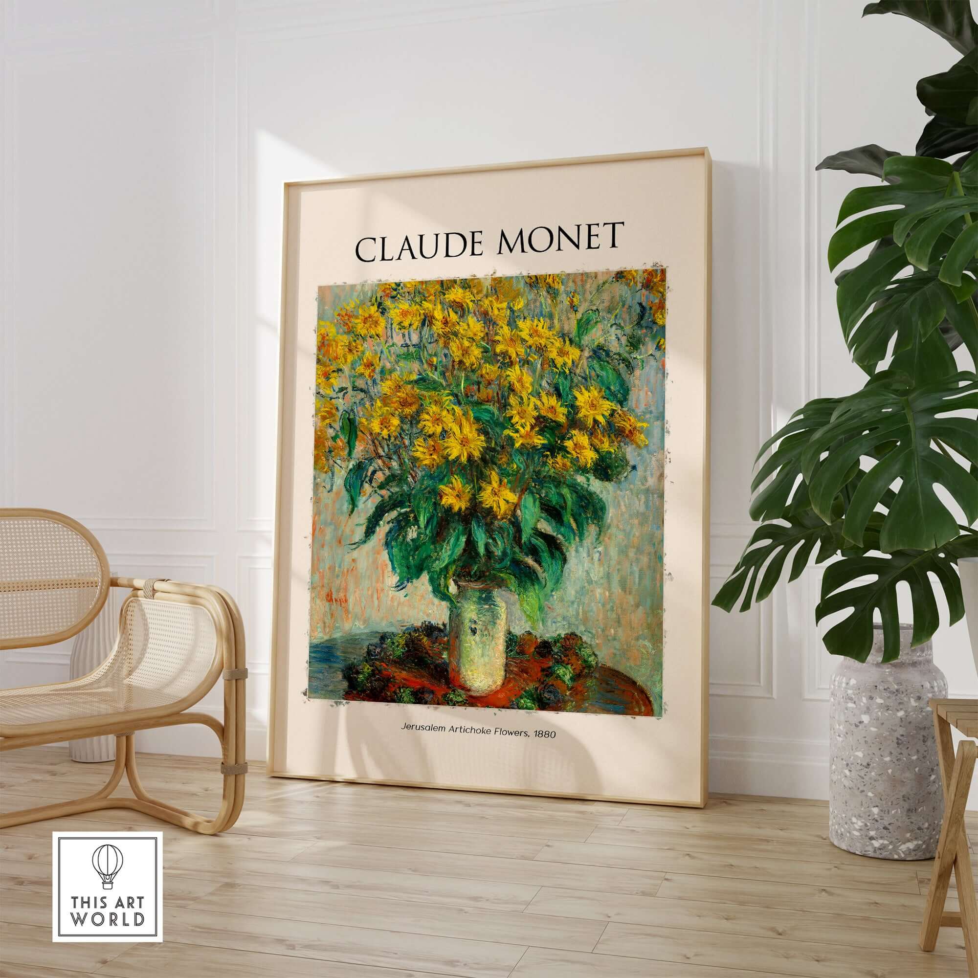 Monet Jerusalem Artichoke Flowers Still Life Floral Art Print Poster displayed in a stylish interior setting.