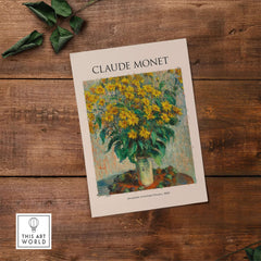Monet Jerusalem Artichoke Flowers Still Life Floral Art Print Poster featuring vibrant yellow flowers in a vase.