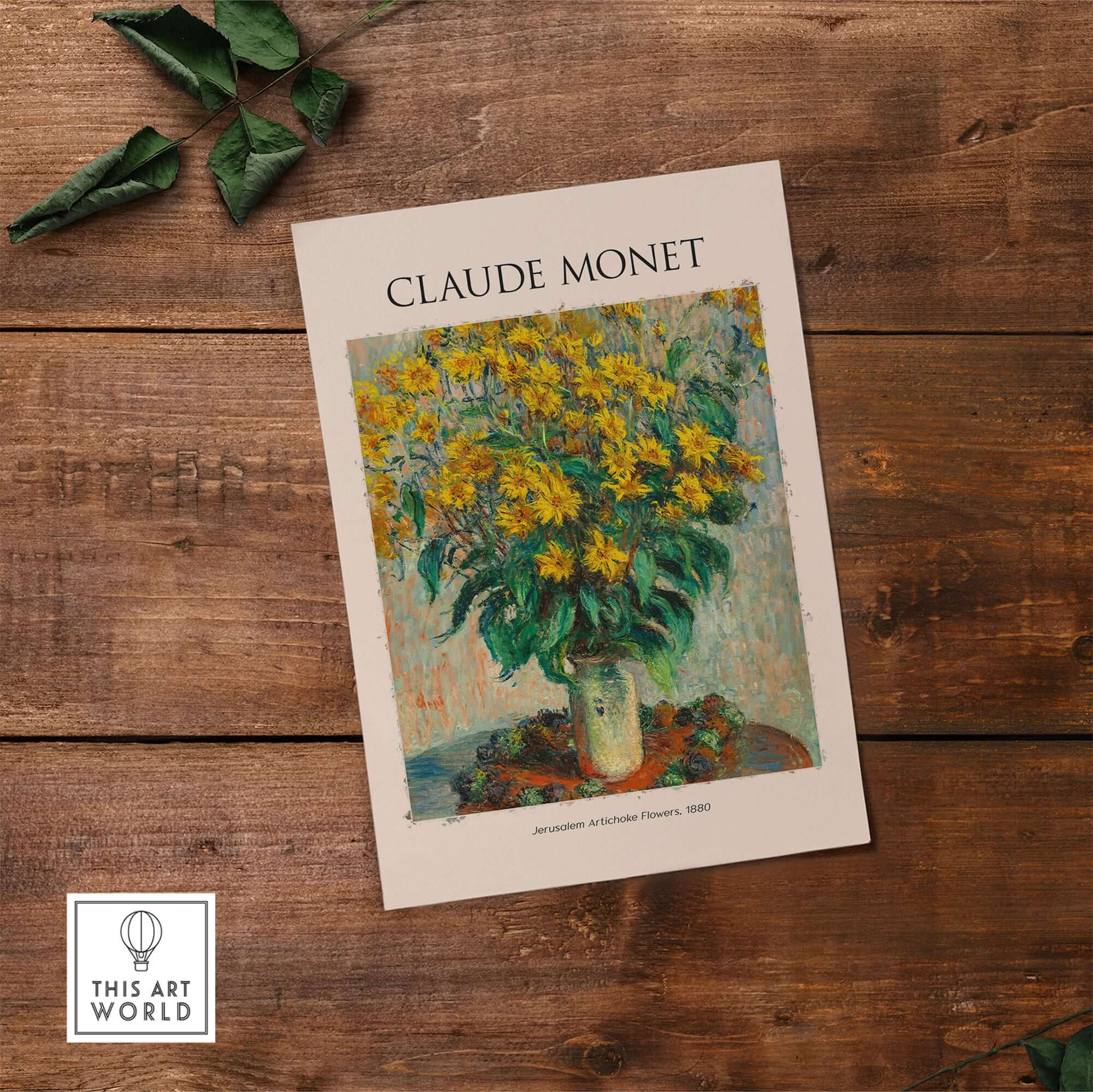 Monet Jerusalem Artichoke Flowers Still Life Floral Art Print Poster featuring vibrant yellow flowers in a vase.