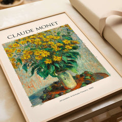 Monet Jerusalem Artichoke Flowers Still Life Floral Art Print Poster featuring vibrant yellow flowers in a vase.