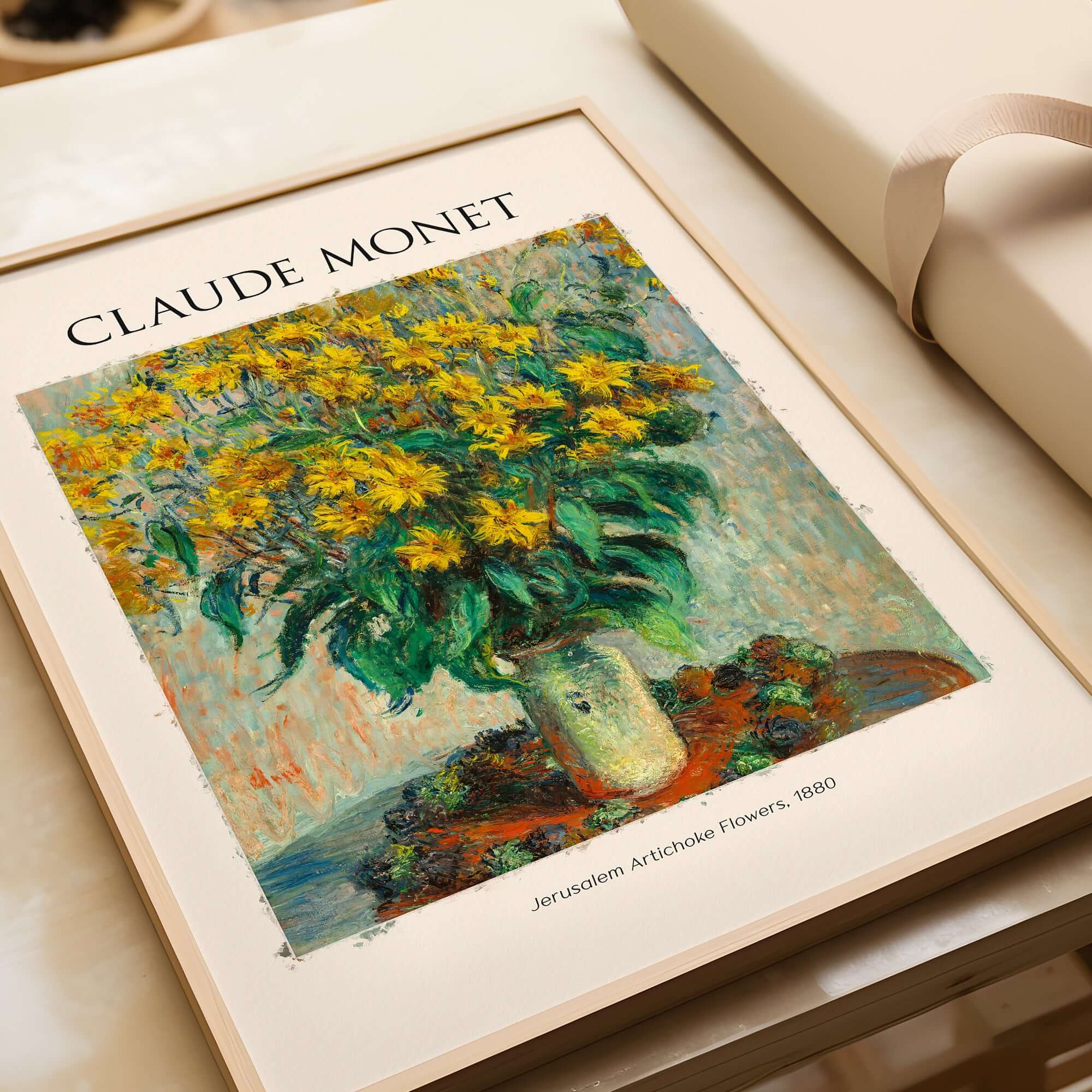 Monet Jerusalem Artichoke Flowers Still Life Floral Art Print Poster featuring vibrant yellow flowers in a vase.