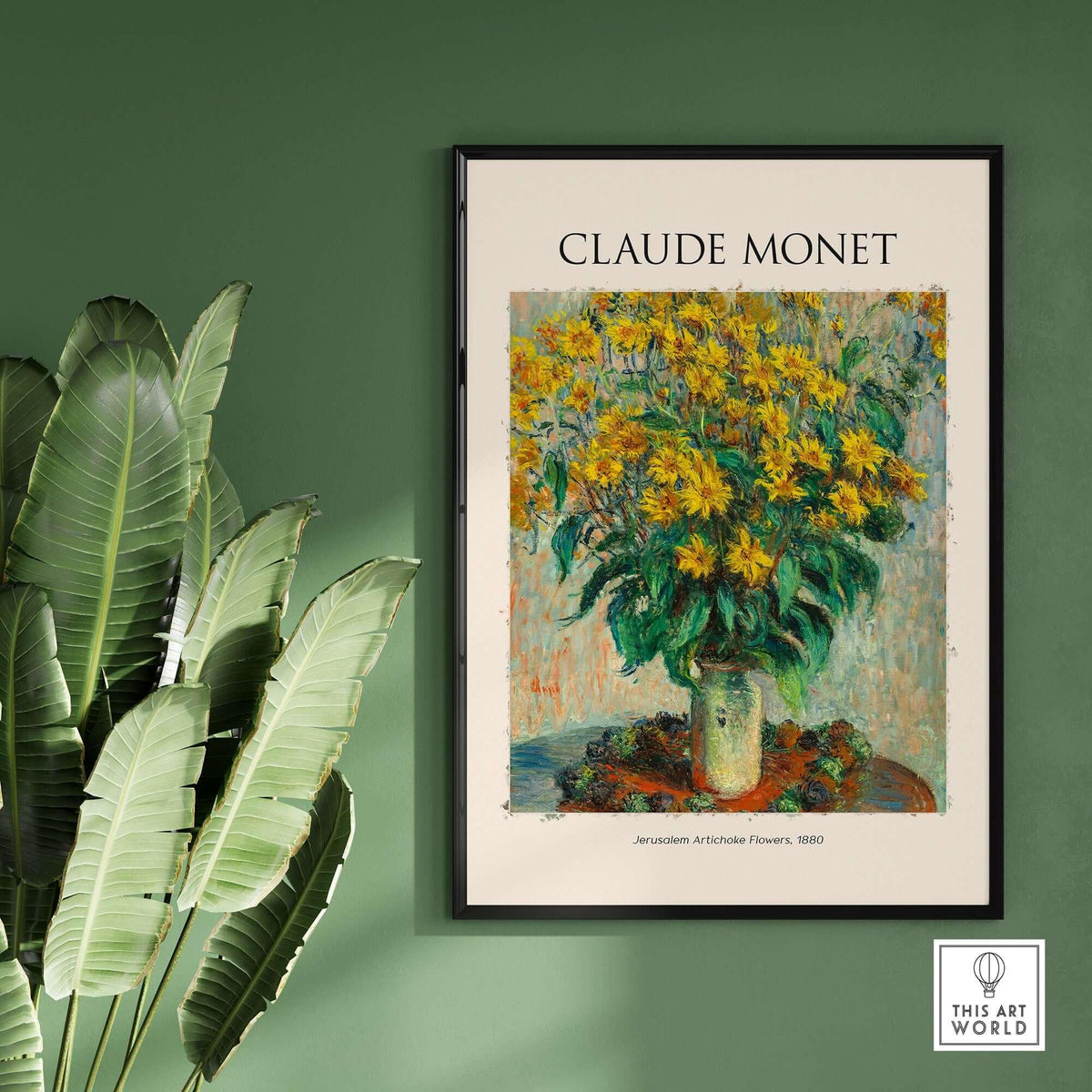 Monet Jerusalem Artichoke Flowers Still Life Floral Art Print Poster displayed in a modern decor setting with greenery.