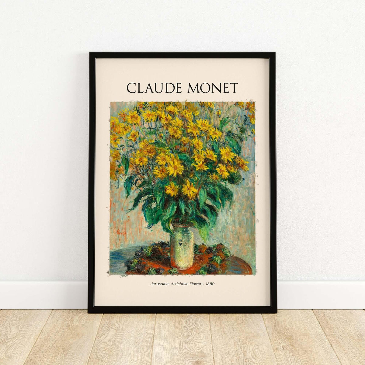 Monet Jerusalem Artichoke Flowers Still Life Floral Art Print Poster with vibrant yellow flowers in a vase.