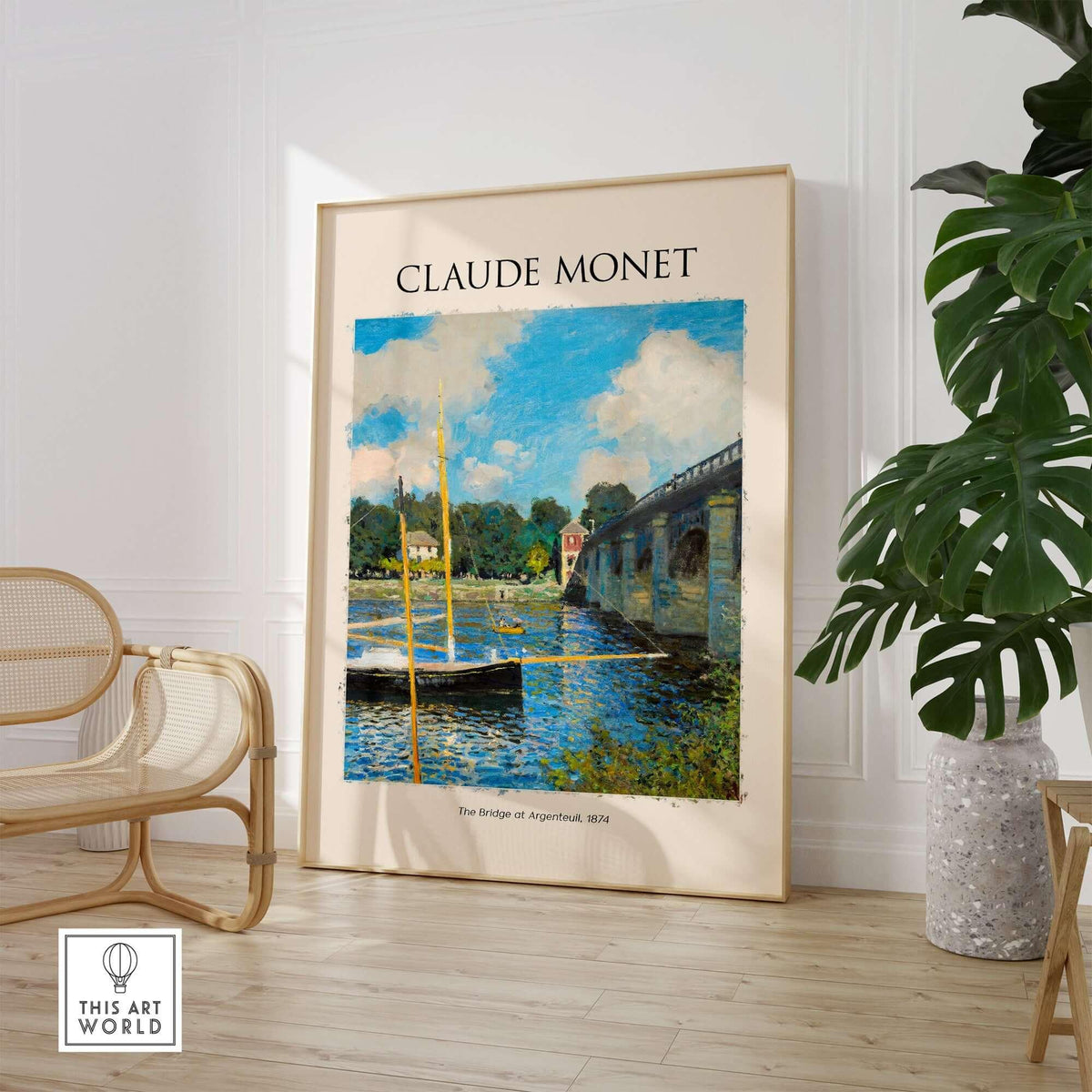 Monet The Bridge at Argenteuil Seine River Landscape Art Print Poster displayed in a modern interior setting.