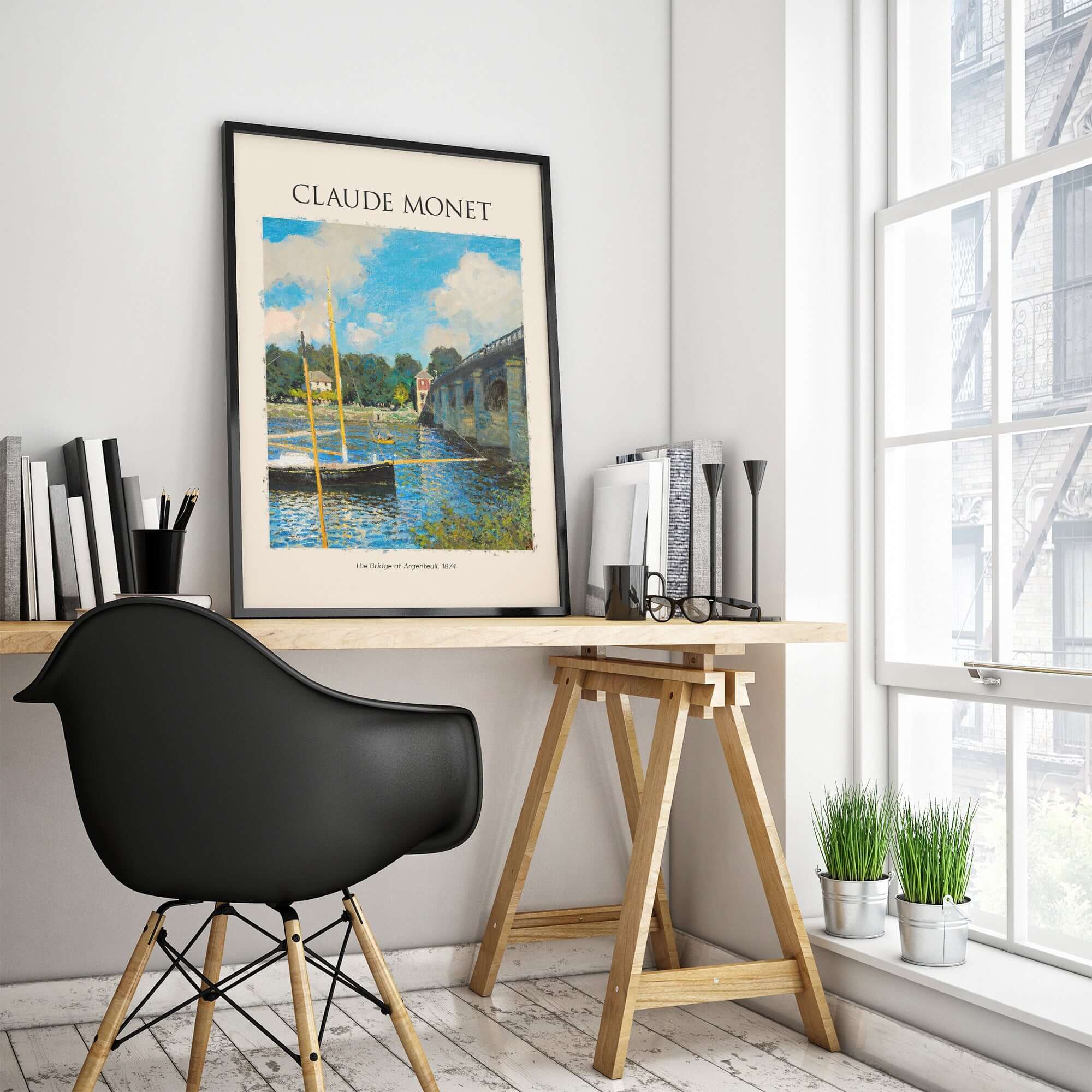 Monet The Bridge at Argenteuil Seine River Landscape Art Print Poster displayed in a modern home office.