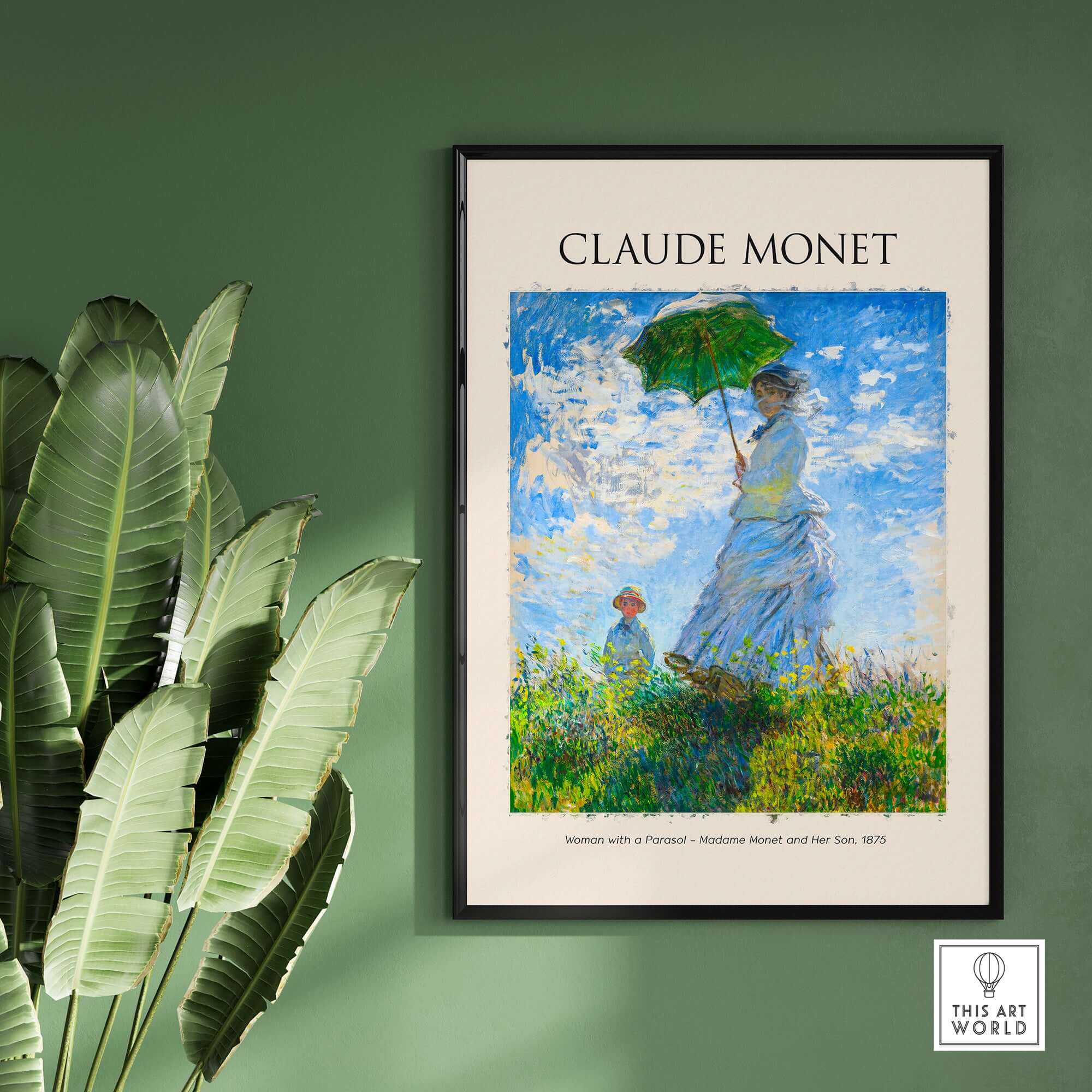 Monet Woman with Parasol Madame Monet Son Impressionist Art Print Poster framed on a green wall with plants.