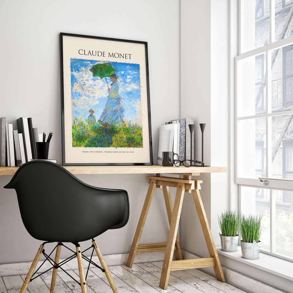 Monet Woman with Parasol Madame Monet Son Impressionist Art Print Poster framed in modern workspace decor.