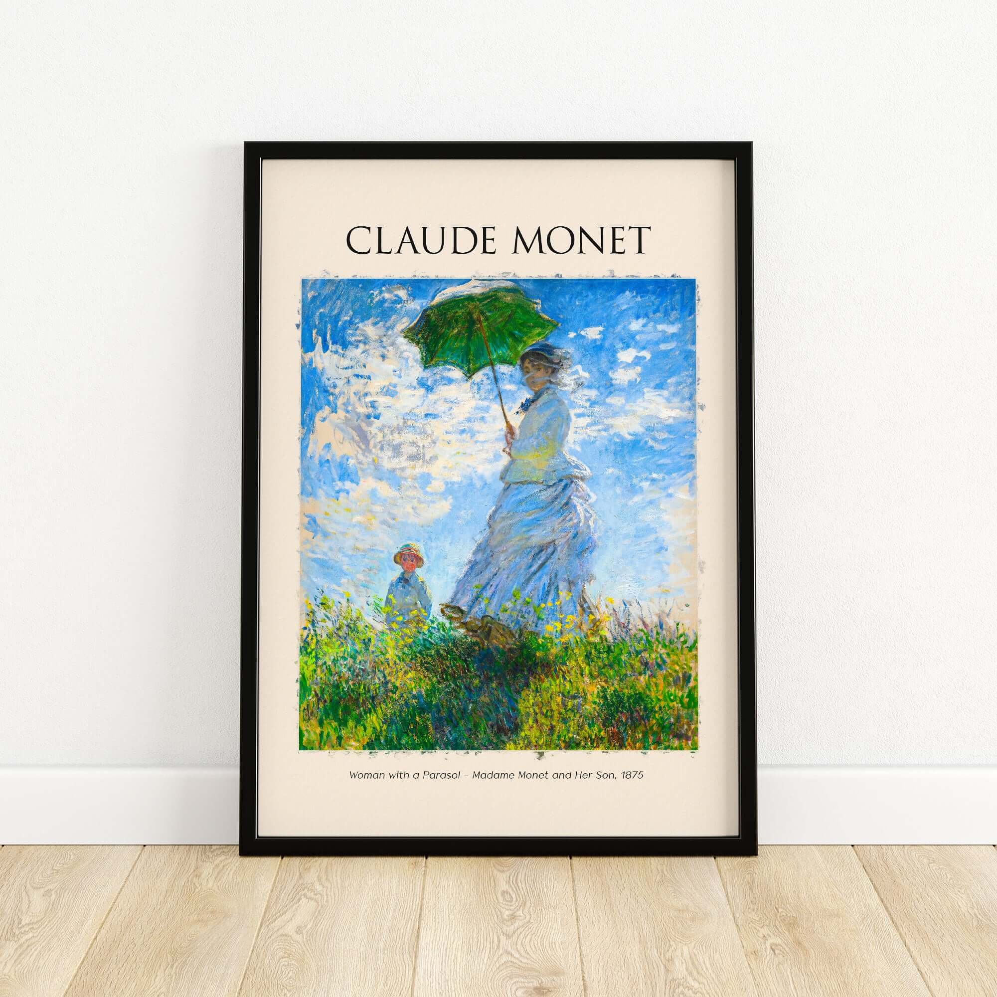 Monet Woman with Parasol Madame Monet Son Impressionist Art Print Poster framed artwork on wall.
