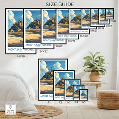 Mont Saint-Michel Poster size guide featuring various frame dimensions and iconic landmark details.