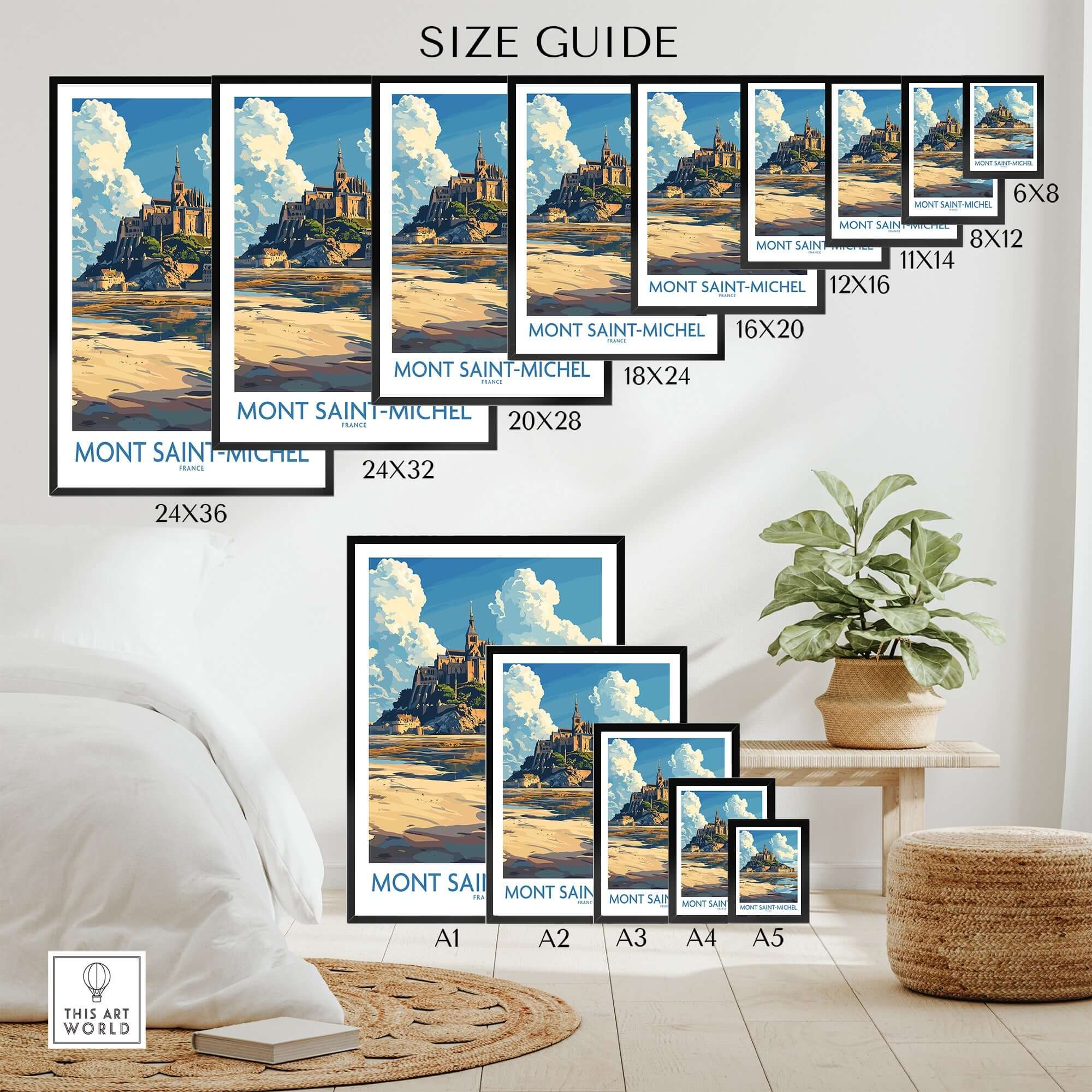 Mont Saint-Michel Poster size guide featuring various frame dimensions and iconic landmark details.