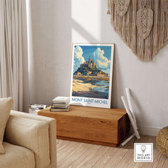 Mont Saint-Michel Poster displayed in a stylish living room with wooden decor.