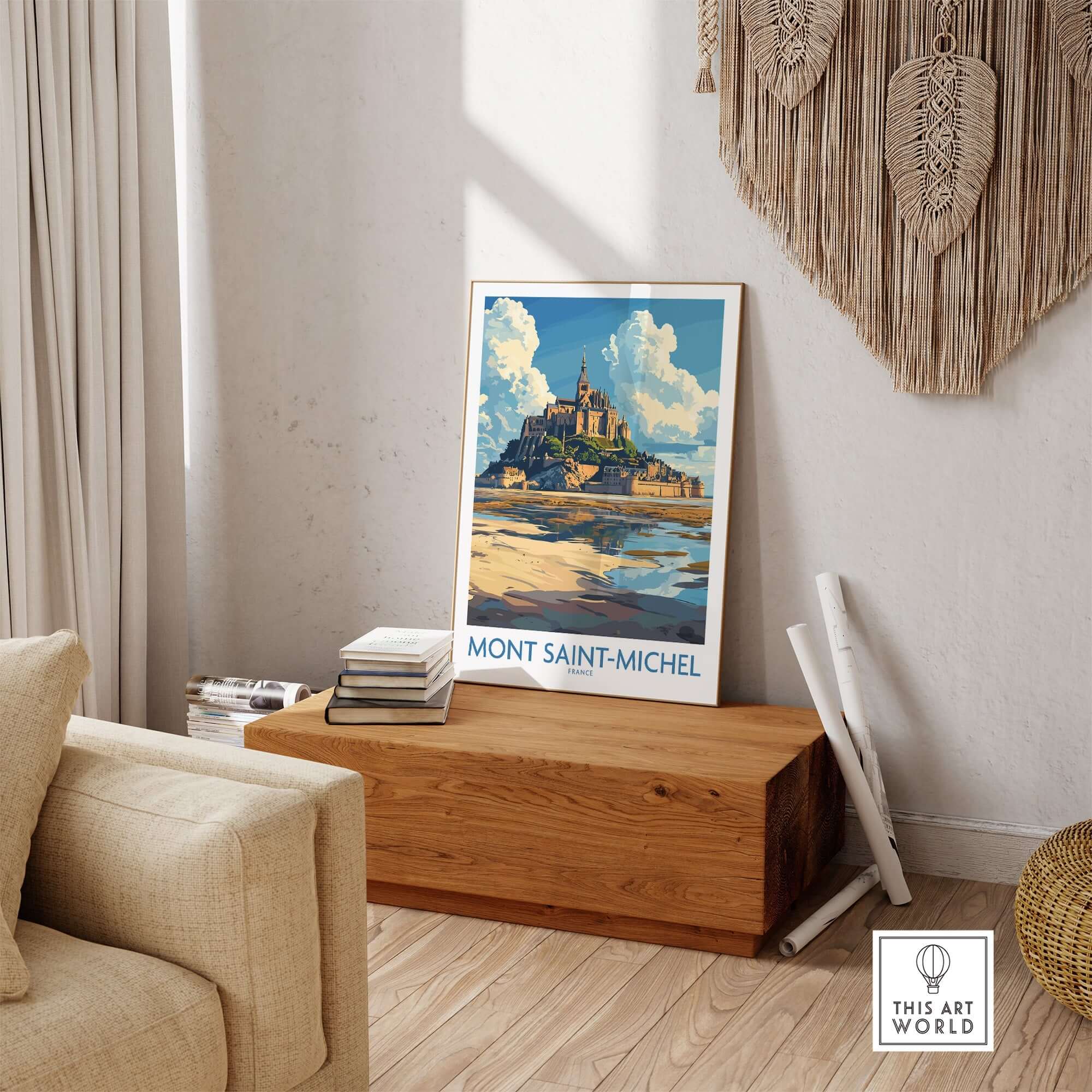 Mont Saint-Michel Poster displayed in a stylish living room with wooden decor.