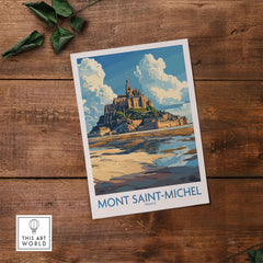 Mont Saint-Michel Poster showcasing the iconic landmark with vibrant colors and intricate details on a wooden background.