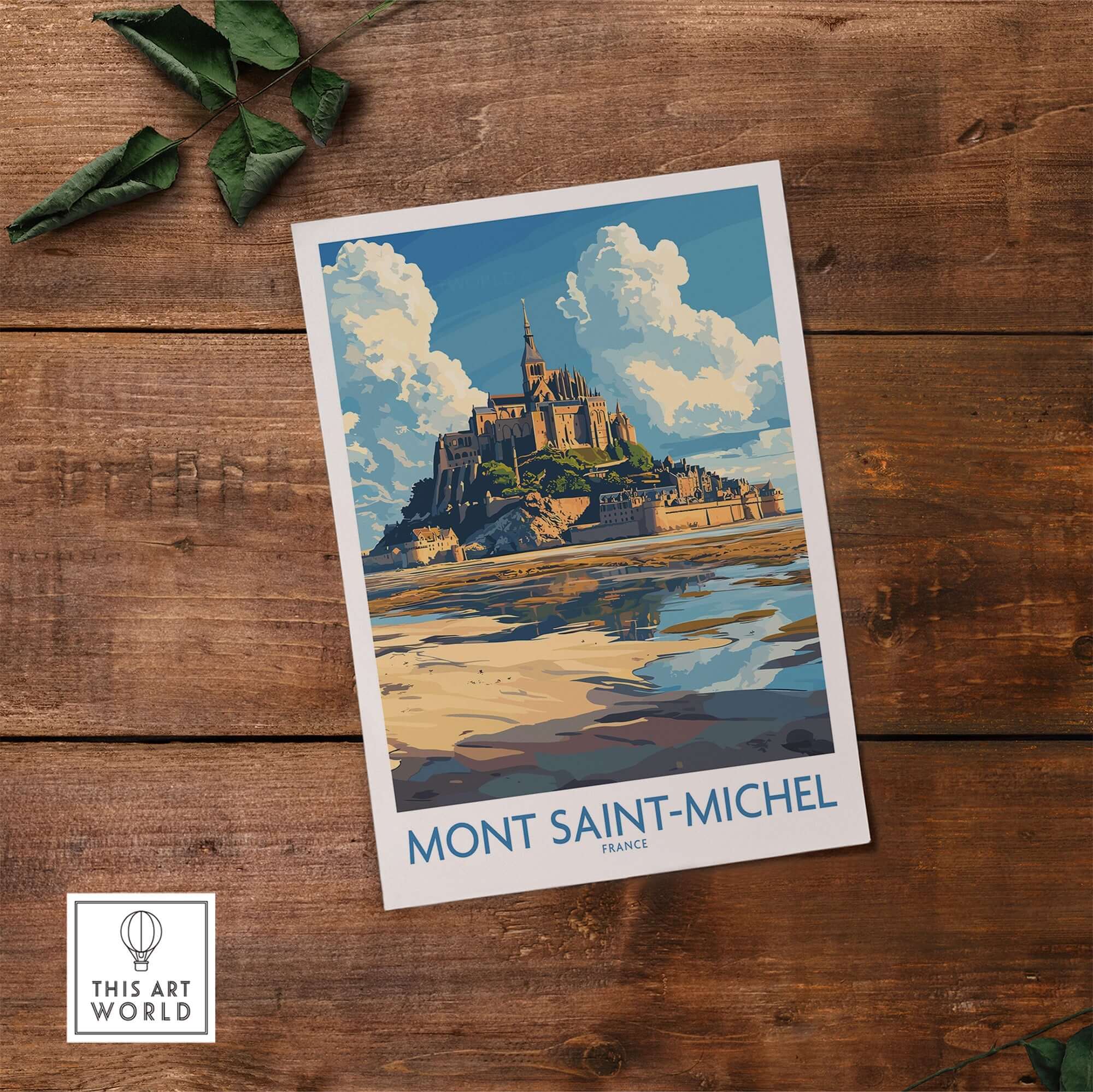 Mont Saint-Michel Poster showcasing the iconic landmark with vibrant colors and intricate details on a wooden background.
