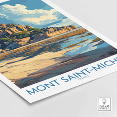 Mont Saint-Michel Poster featuring a stunning view of the iconic landmark and reflecting waters, showcasing its beauty in France.