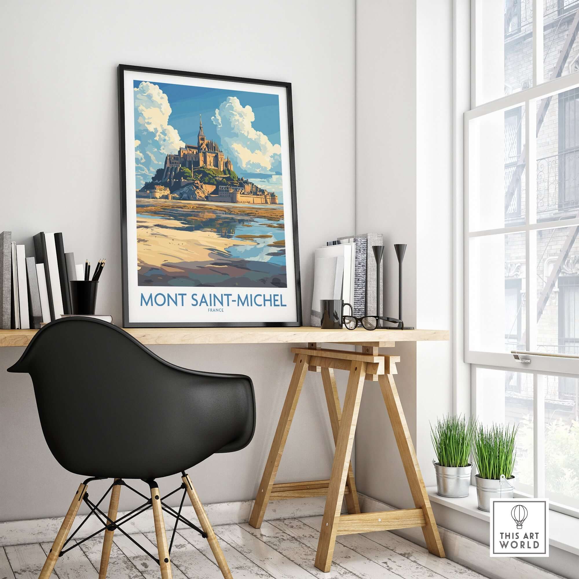 Mont Saint-Michel Poster displayed in a modern home office, showcasing the beauty of the iconic landmark.