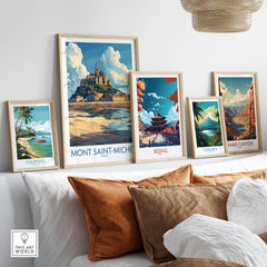 Mont Saint-Michel Poster framed among other travel posters in a stylish home decor setup.