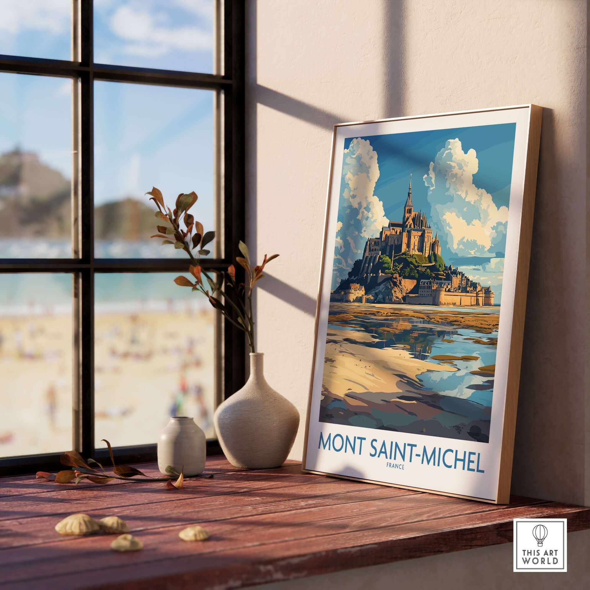 Mont Saint-Michel Poster displayed in a cozy interior, showcasing the iconic French landmark.