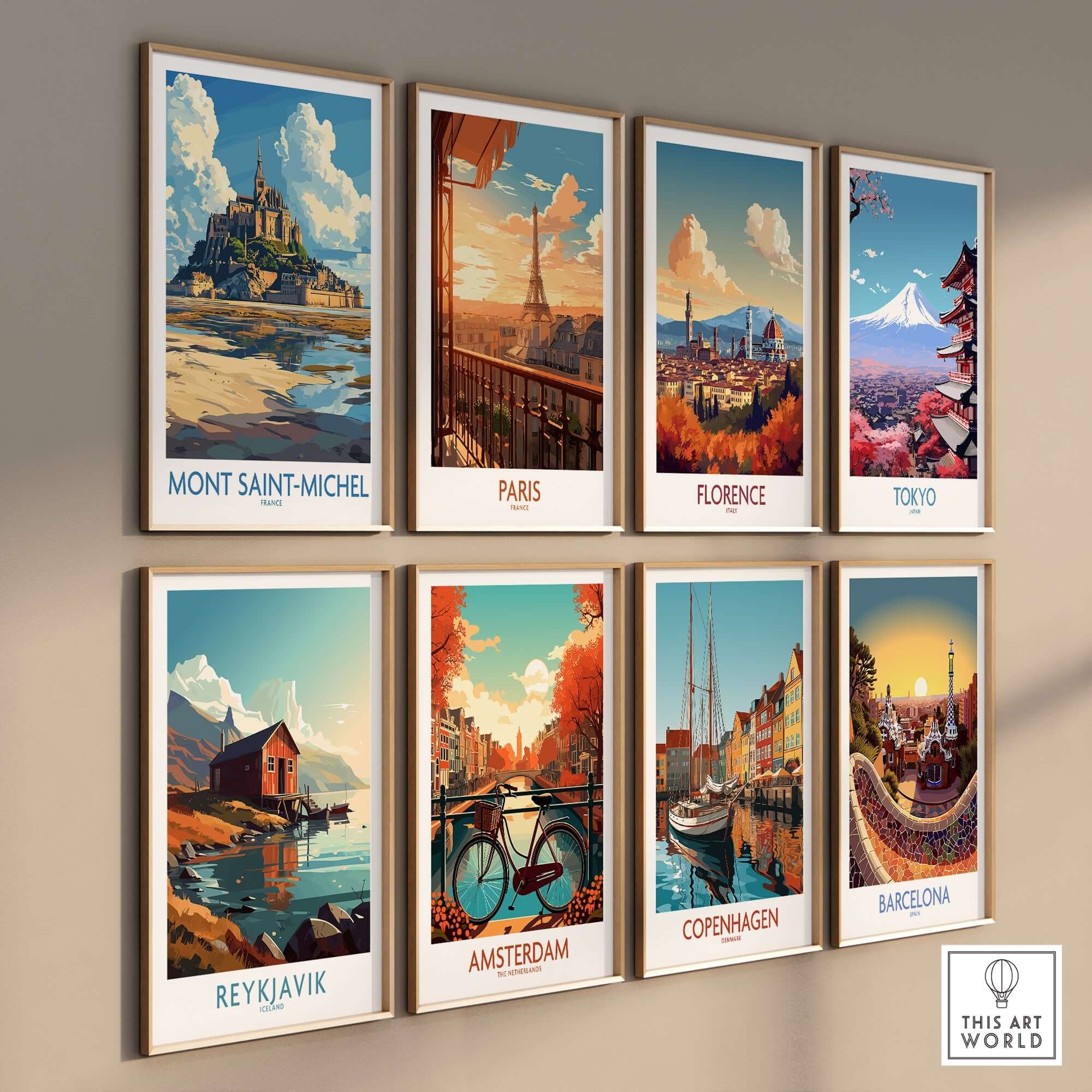 Mont Saint-Michel Poster and other travel posters in a stylish gallery wall arrangement.