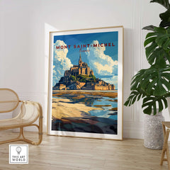 Mont Saint-Michel Wall Art Print displayed in a stylish decor setting, showcasing the iconic French landmark.