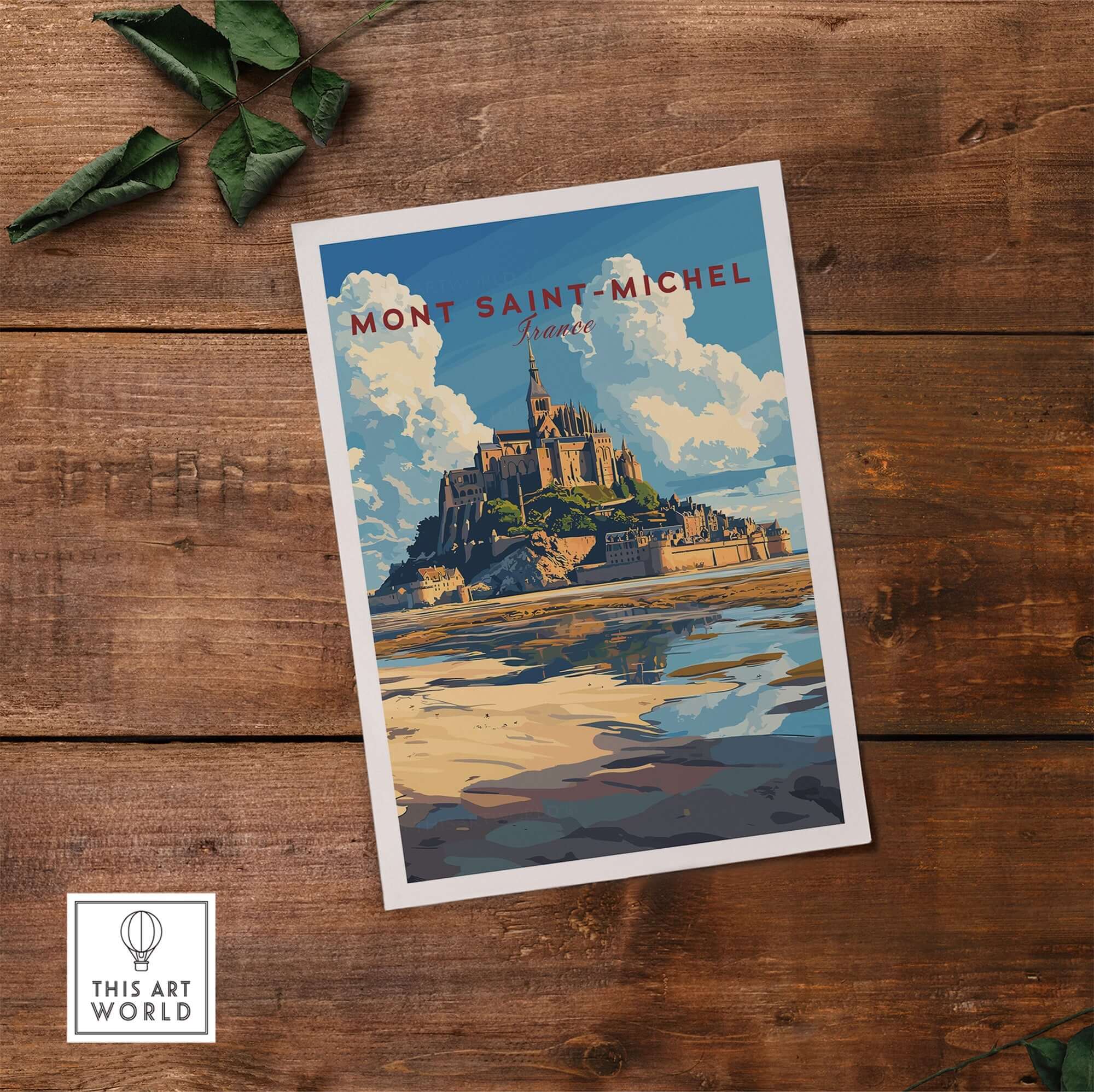 Mont Saint-Michel Wall Art Print showcasing a beautiful illustration of the iconic French landmark on a wooden surface.