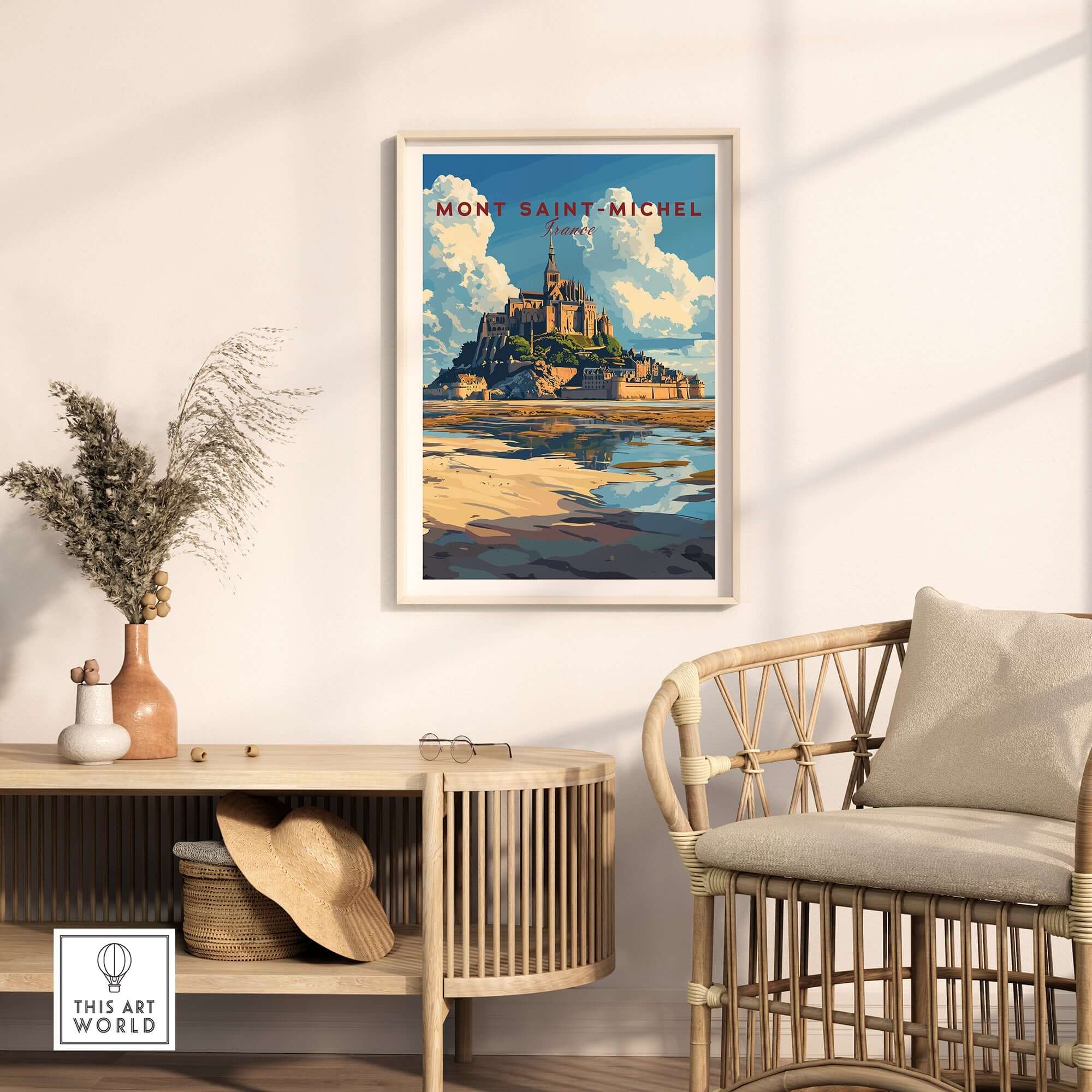 Mont Saint-Michel Wall Art Print displayed in a stylish living room setting with coastal decor.
