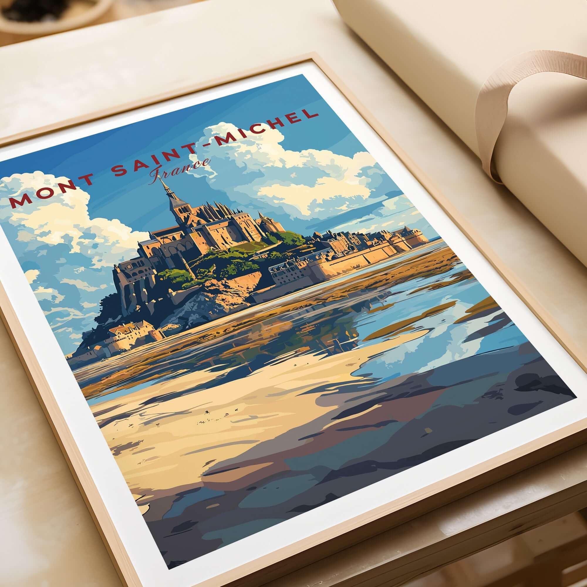 Mont Saint-Michel Wall Art Print featuring a vibrant depiction of the iconic French landmark.