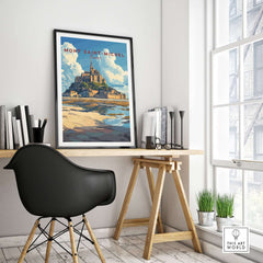 Mont Saint-Michel Wall Art Print displayed in a modern home office setting, adding elegance to interior decor.