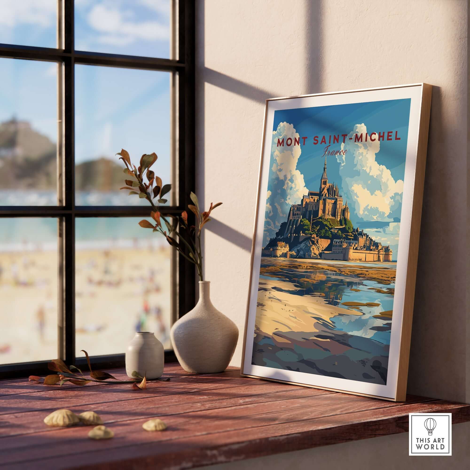 Mont Saint-Michel Wall Art Print displayed on a sunny windowsill, enhancing the decor with a scenic view of the landmark.