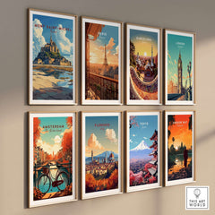 Mont Saint-Michel Wall Art Print and other travel posters displayed in elegant frames on a wall.