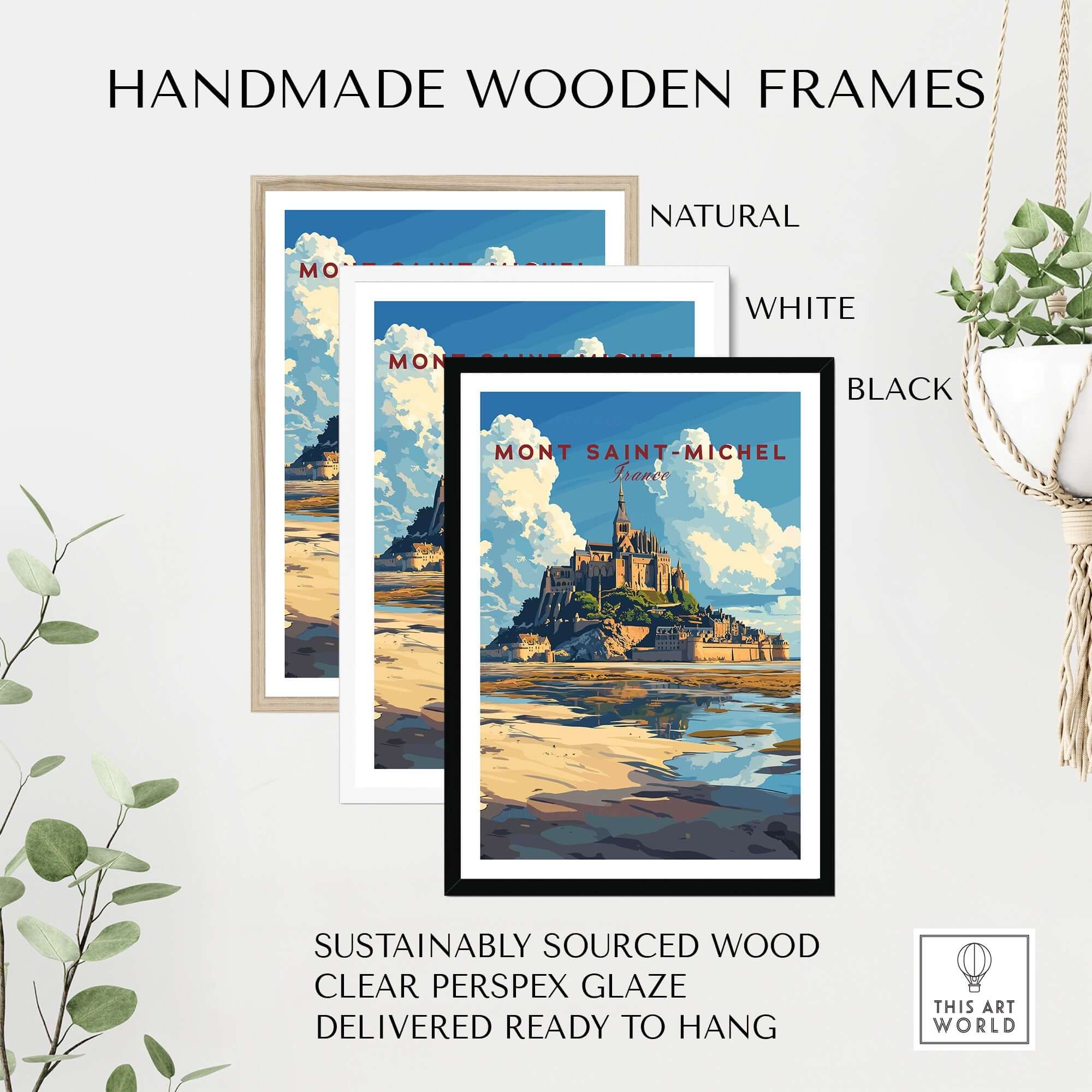 Mont Saint-Michel Wall Art Print displayed in handmade wooden frames: natural, white, and black.