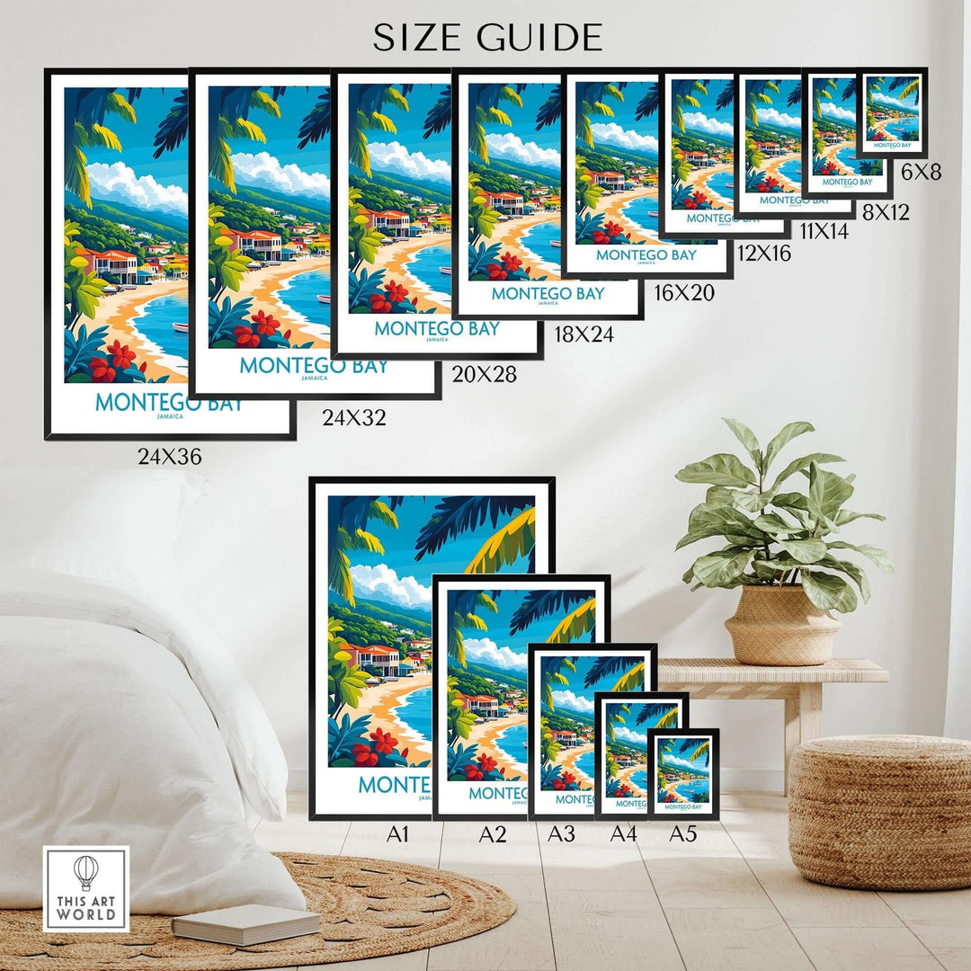 Montego Bay poster size guide showcasing various frame dimensions for vibrant Jamaica artwork.