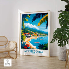 Montego Bay Poster Jamaica displayed in a stylish room with tropical decor.