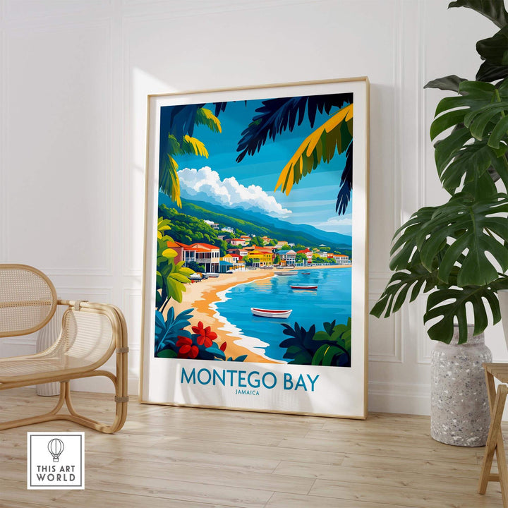 Montego Bay poster displaying vibrant Jamaican scenery with beaches, boats, and lush greenery, perfect for home decor.