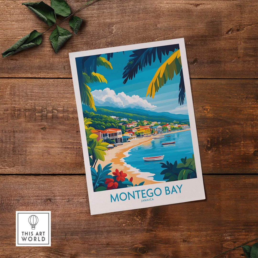 Montego Bay poster showcasing a vibrant tropical scene in Jamaica with boats and palm trees on a wooden background.