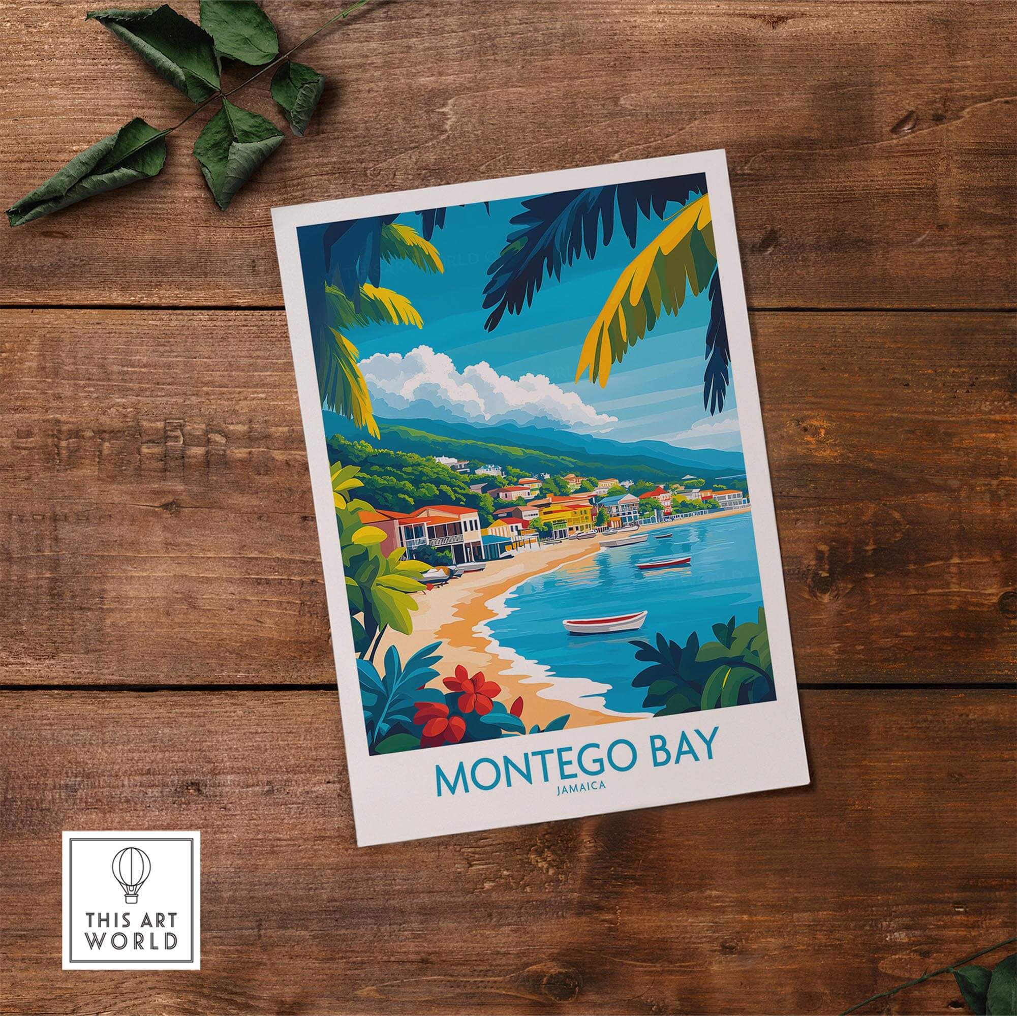 Montego Bay Poster Jamaica featuring a vibrant coastal scene with colorful buildings and boats in a tropical setting.