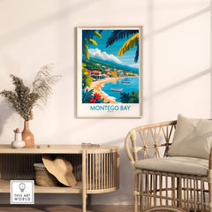 Montego Bay Poster Jamaica displayed in a stylish living room setting with tropical decor.