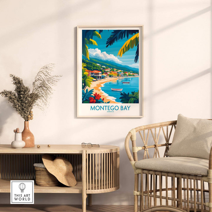 Vibrant Montego Bay poster featuring a tropical beach scene, framed and displayed in a stylish interior setting.