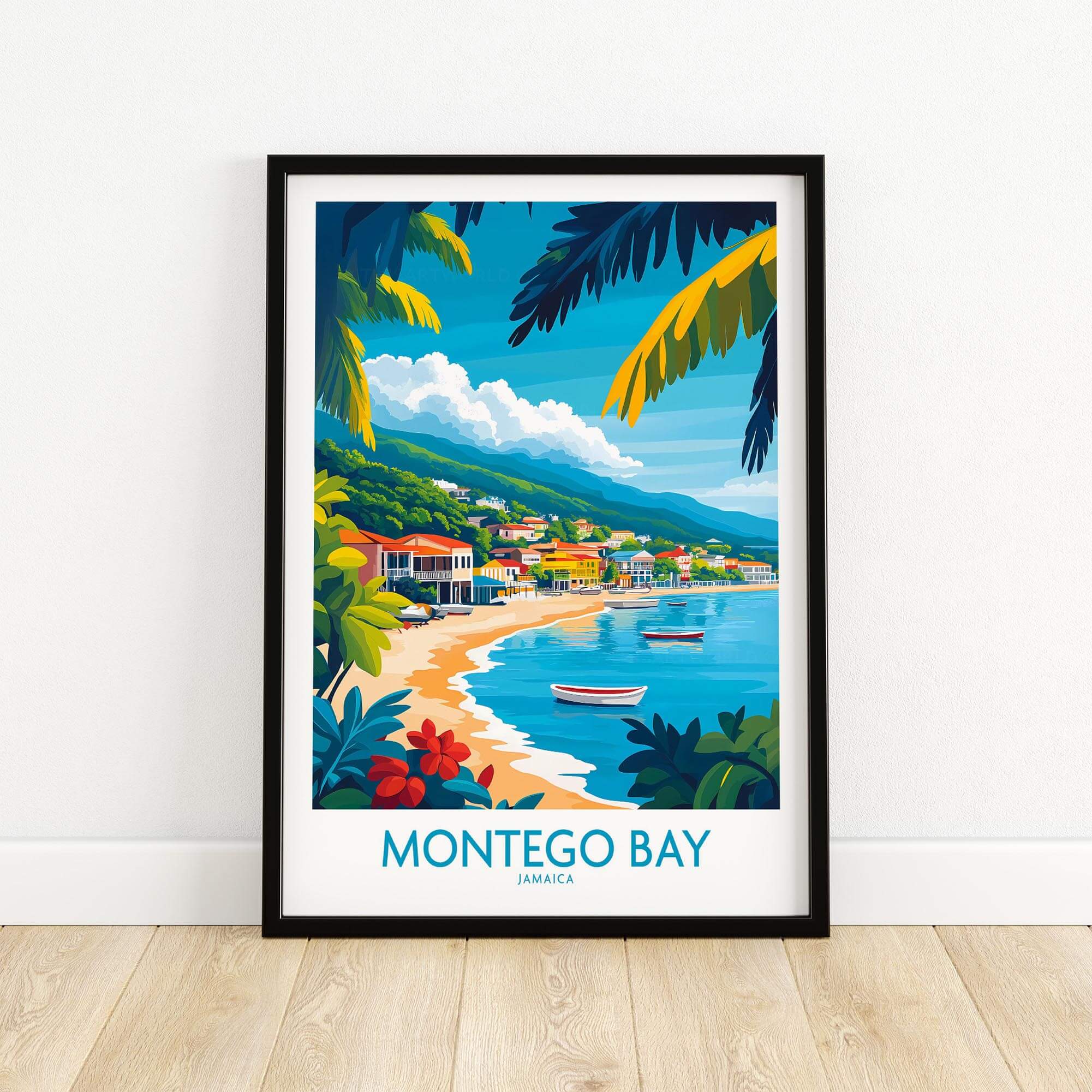 Montego Bay Poster Jamaica featuring a vibrant beach scene with palm trees and boats in a picturesque coastal setting.