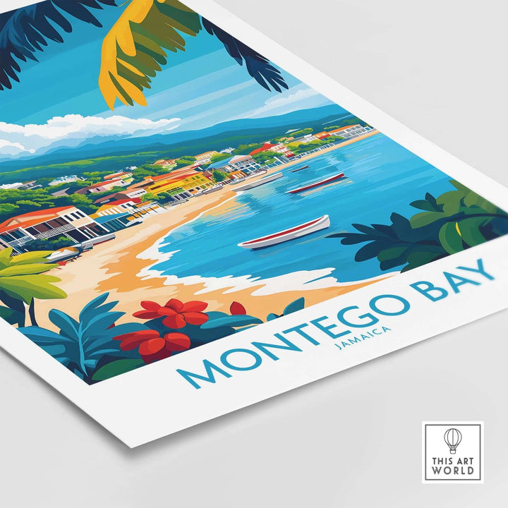 Colorful Montego Bay poster featuring vibrant coastal scenery and tropical flowers, showcasing Jamaica's beauty.